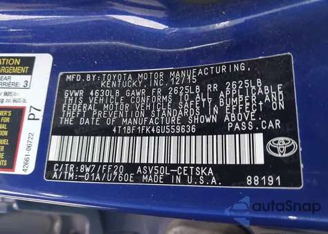 2016 Toyota Camry Se из США, поврежденный, VIN 4T1BF1FK4GU559636